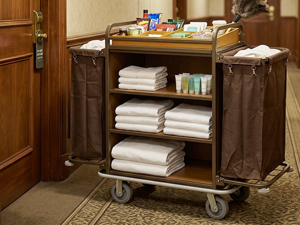 housekeeping-cart-with-shelves-and-laundry-bags