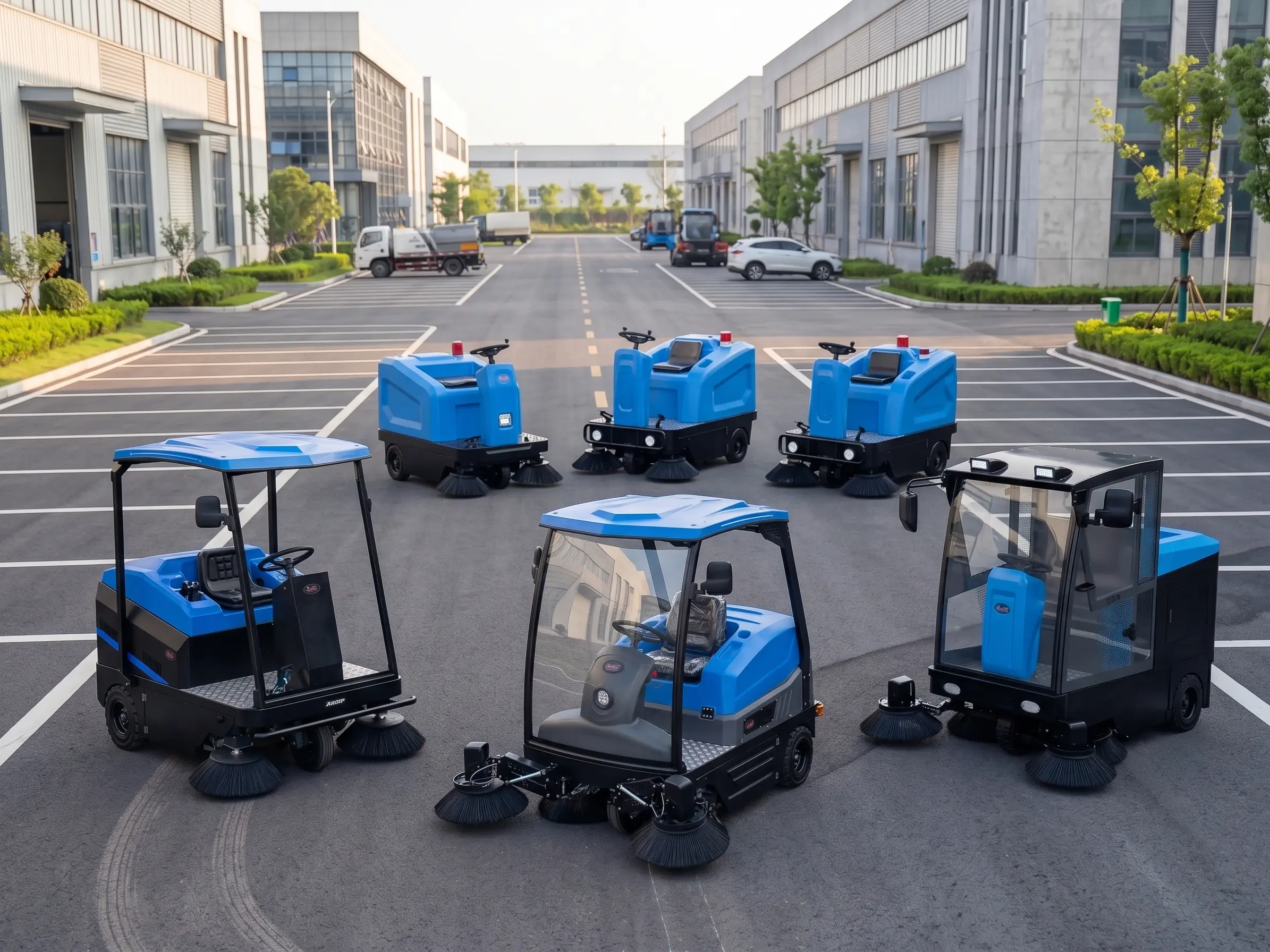 Commercial ride-on sweepers displayed for industrial cleaning solutions