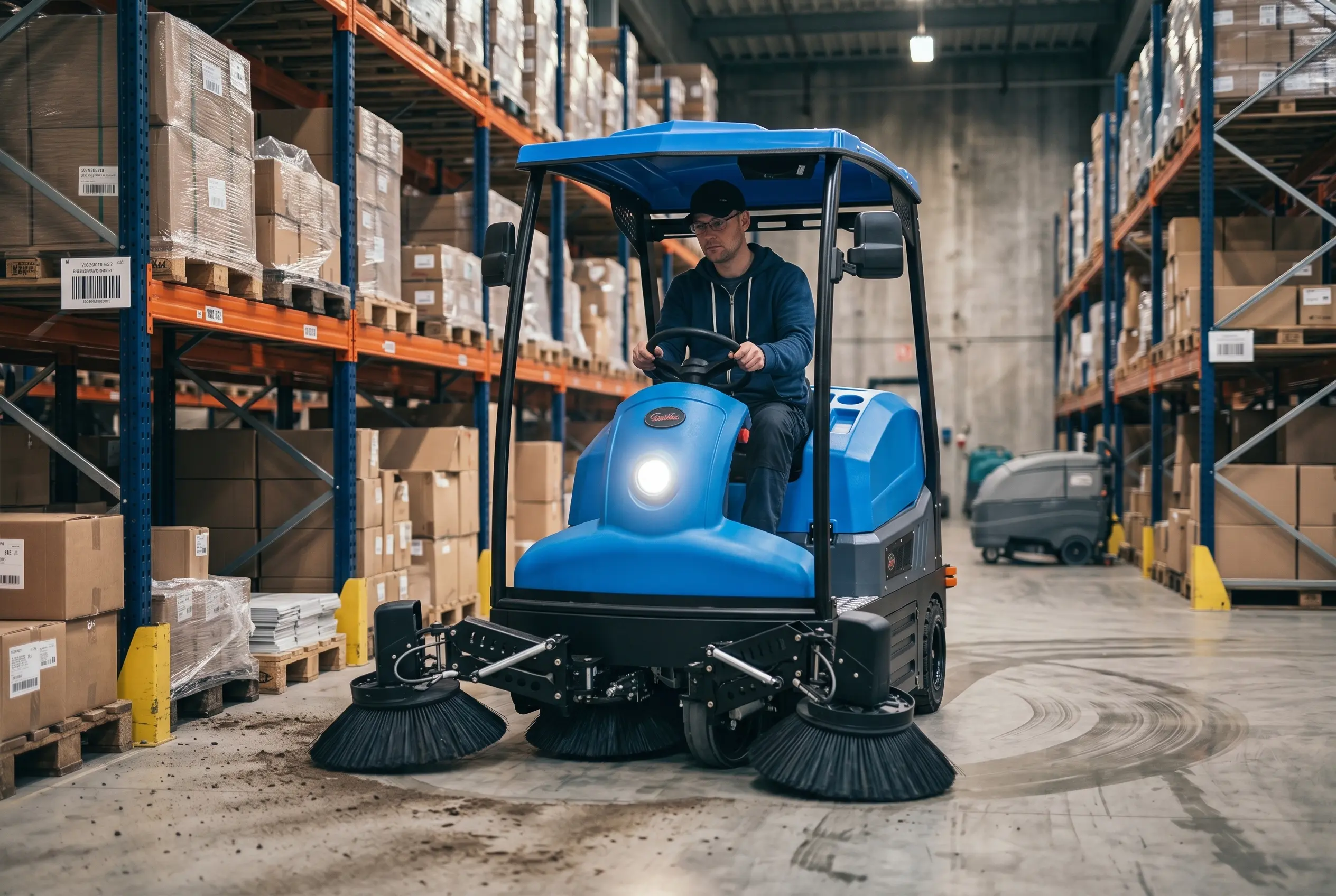 CB-1900 ride-on commercial sweeper for industrial floor cleaning.